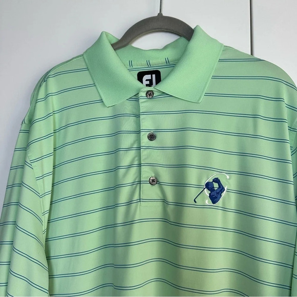 FJ FootJoy Mens Golf Polo Green With Blue Stripe Size Large Short Sleeve - Picture 4 of 8
